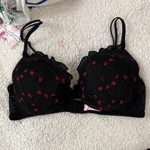 Jezebel Black Bra with Red Floral Design